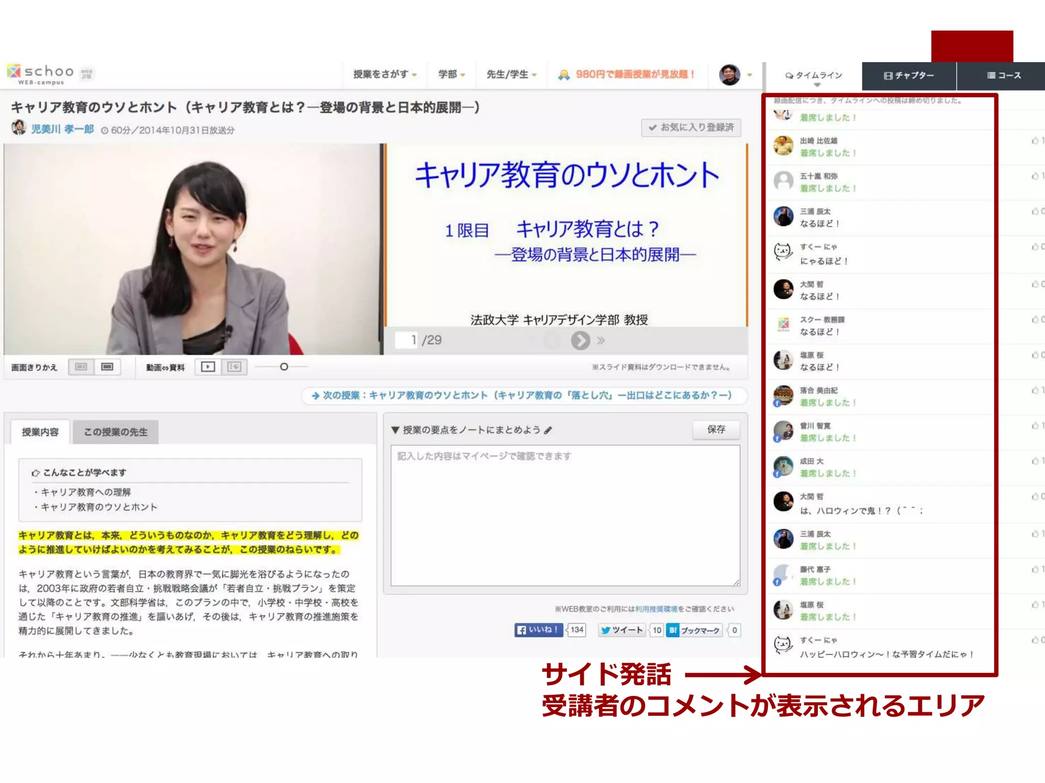 サイド発話
受講者のコメントが表示されるエリア
 