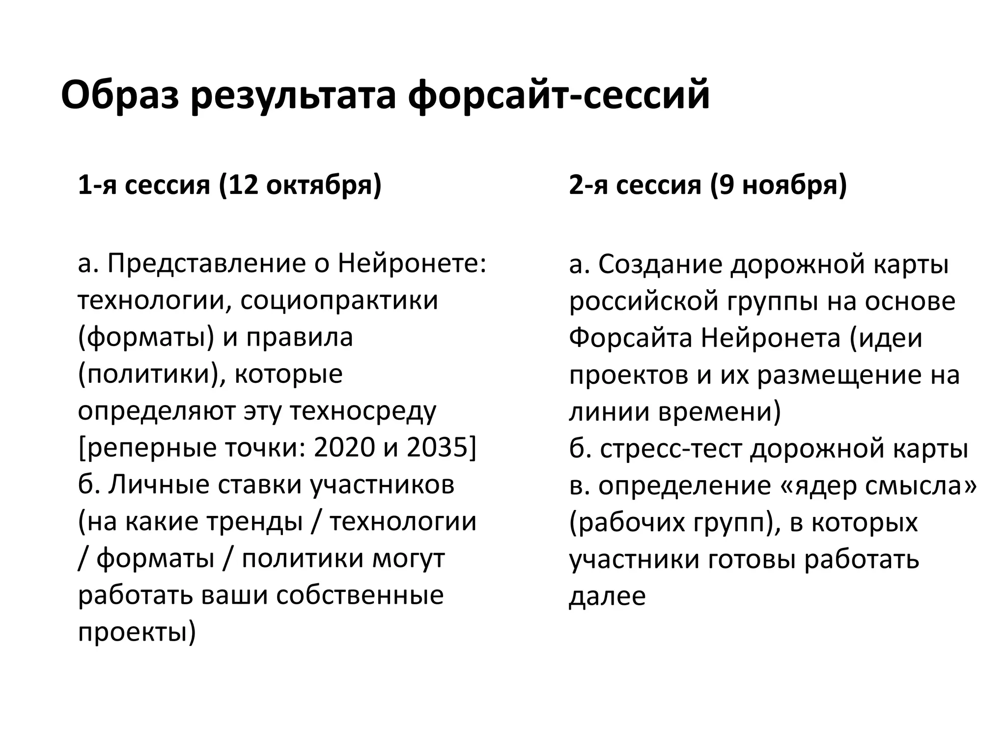 Образ результата форсайт-сессий
1-я сессия (12 октября) 2-я сессия (9 ноября)
а. Представление о Нейронете:
технологии, социопрактики
(форматы) и правила
(политики), которые
определяют эту техносреду
[реперные точки: 2020 и 2035]
б. Личные ставки участников
(на какие тренды / технологии
/ форматы / политики могут
работать ваши собственные
проекты)
а. Создание дорожной карты
российской группы на основе
Форсайта Нейронета (идеи
проектов и их размещение на
линии времени)
б. стресс-тест дорожной карты
в. определение «ядер смысла»
(рабочих групп), в которых
участники готовы работать
далее
 
