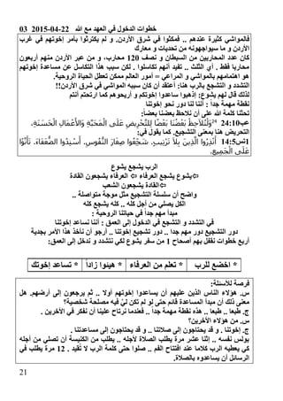 03 2015-04-22 ‫هللا‬ ‫مع‬ ‫العهد‬ ‫في‬ ‫الدخول‬ ‫خطوات‬
20
‫عندهم‬ ‫كثيرة‬ ‫فالمواشي‬..‫غرب‬ ‫في‬ ‫إخوتهم‬ ‫بأمر‬ ‫يكترثوا‬ ‫لم‬ ‫و‬ .‫األردن‬ ‫شرق‬ ‫في‬ ‫فمكثوا‬
‫سيواجهونه‬ ‫ما‬ ‫و‬ ‫األردن‬‫معارك‬ ‫و‬ ‫تحديات‬ ‫من‬
‫نصف‬ ‫و‬ ‫السبطان‬ ‫من‬ ‫المحاربين‬ ‫عدد‬ ‫كان‬021‫أربعون‬ ‫منهم‬ ‫األردن‬ ‫عبر‬ ‫من‬ ‫و‬ ،‫محارب‬
‫إخوتهم‬ ‫مساعدة‬ ‫عن‬ ‫التكاسل‬ ‫هذا‬ ‫سبب‬ ‫لكن‬ . ‫تكاسلوا‬ ‫أنهم‬ ‫تفيد‬ .. ‫الثلث‬ ‫أي‬ . ‫فقط‬ ‫محاربا‬
.‫الروحية‬ ‫الحياة‬ ‫تعطل‬ ‫ممكن‬ ‫العالم‬ ‫أمور‬ = ‫المراعي‬ ‫و‬ ‫بالمواشي‬ ‫اهتمامهم‬ ‫هو‬
‫ا‬ ‫و‬ ‫التشدد‬!!‫األردن‬ ‫شرق‬ ‫في‬ ‫المواشي‬ ‫سببه‬ ‫كان‬ ‫أن‬ ‫أعتقد‬ 0‫هنا‬ ‫بالرب‬ ‫لتشجع‬
‫أنتم‬ ‫ارتحتم‬ ‫كما‬ ‫أريحوهم‬ ‫و‬ ‫إخوتكم‬ ‫ساعدوا‬ ‫إذهبوا‬ 0‫يشوع‬ ‫لهم‬ ‫قال‬ ‫لذلك‬
‫إخوتنا‬ ‫نحو‬ ‫دور‬ ‫لنا‬ ‫أننا‬ 0 ً‫ا‬‫جد‬ ‫مهمة‬ ‫نقطة‬
‫أن‬ ‫على‬ ‫هللا‬ ‫كلمة‬ ‫تحثنا‬ً‫ا‬‫بعض‬ ‫بعضنا‬ ‫نالحظ‬0
‫عب‬2600111
ِ‫ل‬ ‫ا‬ً‫ض‬ْ‫َع‬‫ب‬ ‫َا‬‫ن‬ُ‫ض‬ْ‫ع‬َ‫ب‬ ْ‫ظ‬ِ‫ح‬َ‫ال‬ُ‫ن‬ْ‫َل‬‫و‬،ِ‫ة‬َ‫ن‬ َ‫َس‬‫ح‬ْ‫ال‬ ِ‫ل‬‫َا‬‫م‬ ْ‫ع‬َ‫َاأل‬‫و‬ ِ‫ة‬َّ‫ب‬َ‫ح‬َ‫م‬ْ‫ال‬ ‫ى‬َ‫ل‬َ‫ع‬ ِ‫يض‬ِ‫ر‬ْ‫ح‬َّ‫ت‬‫ل‬
0‫في‬ ‫يقول‬ ‫كما‬ .‫التشجيع‬ ‫بمعنى‬ ‫هنا‬ ‫التحريض‬
0‫تس‬0602‫ا‬ْ‫و‬َّ‫ن‬َ‫أ‬َ‫ت‬ .َ‫ء‬‫ا‬َ‫ف‬َ‫ع‬ُّ‫الض‬ ‫وا‬ُ‫د‬ِ‫ن‬ ْ‫س‬َ‫أ‬ .ِ‫وس‬ُ‫ف‬ُّ‫الن‬ َ‫ر‬‫ا‬َ‫غ‬ِ‫ص‬ ‫وا‬ُ‫ع‬ِ‫ج‬ َ‫ش‬ .ٍ‫ب‬‫ي‬ِ‫ت‬ْ‫ر‬َ‫ت‬ َ‫ال‬ِ‫ب‬ َ‫ين‬ِ‫ذ‬َّ‫ال‬ ‫وا‬ُ‫ر‬ِ‫ذ‬ْ‫ن‬َ‫أ‬
.ِ‫يع‬ِ‫م‬َ‫ج‬ْ‫ال‬ ‫ى‬َ‫ل‬َ‫ع‬
‫يشوع‬ ‫يشجع‬ ‫الرب‬
‫يش‬ ‫يشوع‬‫العرفاء‬ ‫جع‬‫القادة‬ ‫يشجعون‬ ‫العرفاء‬
‫الشعب‬ ‫يشجعون‬ ‫القادة‬
.. ‫متواصلة‬ ‫موجة‬ ‫مثل‬ ‫التشجيع‬ ‫سلسلة‬ ‫أن‬ ‫واضح‬
‫كله‬ ‫يشجع‬ ‫كله‬ .. ‫كله‬ ‫أجل‬ ‫من‬ ‫يصلي‬ ‫الكل‬
0 ‫الروحية‬ ‫حياتنا‬ ‫في‬ ً‫ا‬‫جد‬ ‫مهم‬ ‫مبدأ‬
‫إخوتنا‬ ‫نساعد‬ ‫أننا‬ 0 ‫العمق‬ ‫إلى‬ ‫الدخول‬ ‫في‬ ‫التشجع‬ ‫و‬ ‫التشدد‬ ‫في‬
‫جدا‬ ‫مهم‬ ‫دور‬ ‫التشجيع‬ ‫دور‬..‫بجدية‬ ‫األمر‬ ‫هذا‬ ‫نأخذ‬ ‫أن‬ ‫أرجو‬ .. ‫إخوتنا‬ ‫تشجيع‬ ‫دور‬
‫أصحاح‬ ‫بهم‬ ‫نقفل‬ ‫خطوات‬ ‫أربع‬00‫العمق‬ ‫إلى‬ ‫ندخل‬ ‫و‬ ‫نتشدد‬ ‫لكي‬ ‫يشوع‬ ‫سفر‬ ‫من‬
‫للرب‬ ‫اخضع‬ *‫العرفاء‬ ‫من‬ ‫تعلم‬ *ً‫ا‬‫زاد‬ ‫هيئوا‬ *‫إخوتك‬ ‫تساعد‬ *
0‫لألسئلة‬ ‫فرصة‬
‫ثم‬ .. ‫أوال‬ ‫إخوتهم‬ ‫يساعدوا‬ ‫أن‬ ‫عليهم‬ ‫الذين‬ ‫الناس‬ ‫هؤالء‬ .‫س‬‫هل‬ .‫أرضهم‬ ‫إلى‬ ‫يرجعون‬
‫شخصية؟‬ ‫مصلحة‬ ‫فيه‬ َّ‫لي‬ ‫تكن‬ ‫لم‬ ‫لو‬ ‫حتى‬ ‫قائم‬ ‫المساعدة‬ ‫مبدأ‬ ‫أن‬ ‫ذلك‬ ‫معنى‬
. ‫األخرين‬ ‫في‬ ‫نفكر‬ ‫أن‬ ‫علينا‬ ‫نرتاح‬ ‫فعندما‬ .. ً‫ا‬‫جد‬ ‫مهمة‬ ‫نقطة‬ ‫هذه‬ .. ‫طبعا‬ .. ‫طبعا‬ .‫ج‬
‫األخرين؟‬ ‫هؤالء‬ ‫من‬ .‫س‬
‫مساعدتن‬ ‫إلى‬ ‫يحتاجون‬ ‫قد‬ ‫و‬ .. ‫صالتنا‬ ‫إلى‬ ‫يحتاجون‬ ‫قد‬ ‫و‬ . ‫إخوتنا‬ .‫ج‬. ‫ا‬
‫أجله‬ ‫من‬ ‫تصلي‬ ‫أن‬ ‫الكنيسة‬ ‫من‬ ‫يطلب‬ .. ‫ألجله‬ ‫الصالة‬ ‫يطلب‬ ‫مرة‬ ‫عشر‬ ‫إثنا‬ .. ‫نفسه‬ ‫بولس‬
. ‫قيد‬ُ‫ت‬ ‫ال‬ ‫الرب‬ ‫كلمة‬ ‫حتى‬ ‫صلوا‬ .. ‫الفم‬ ‫افتتاح‬ ‫عند‬ ‫كالما‬ ‫الرب‬ ‫يعطيه‬ ‫كي‬02‫في‬ ‫يطلب‬ ‫مرة‬
.‫بالصالة‬ ‫يساعدوه‬ ‫أن‬ ‫الرسائل‬
 