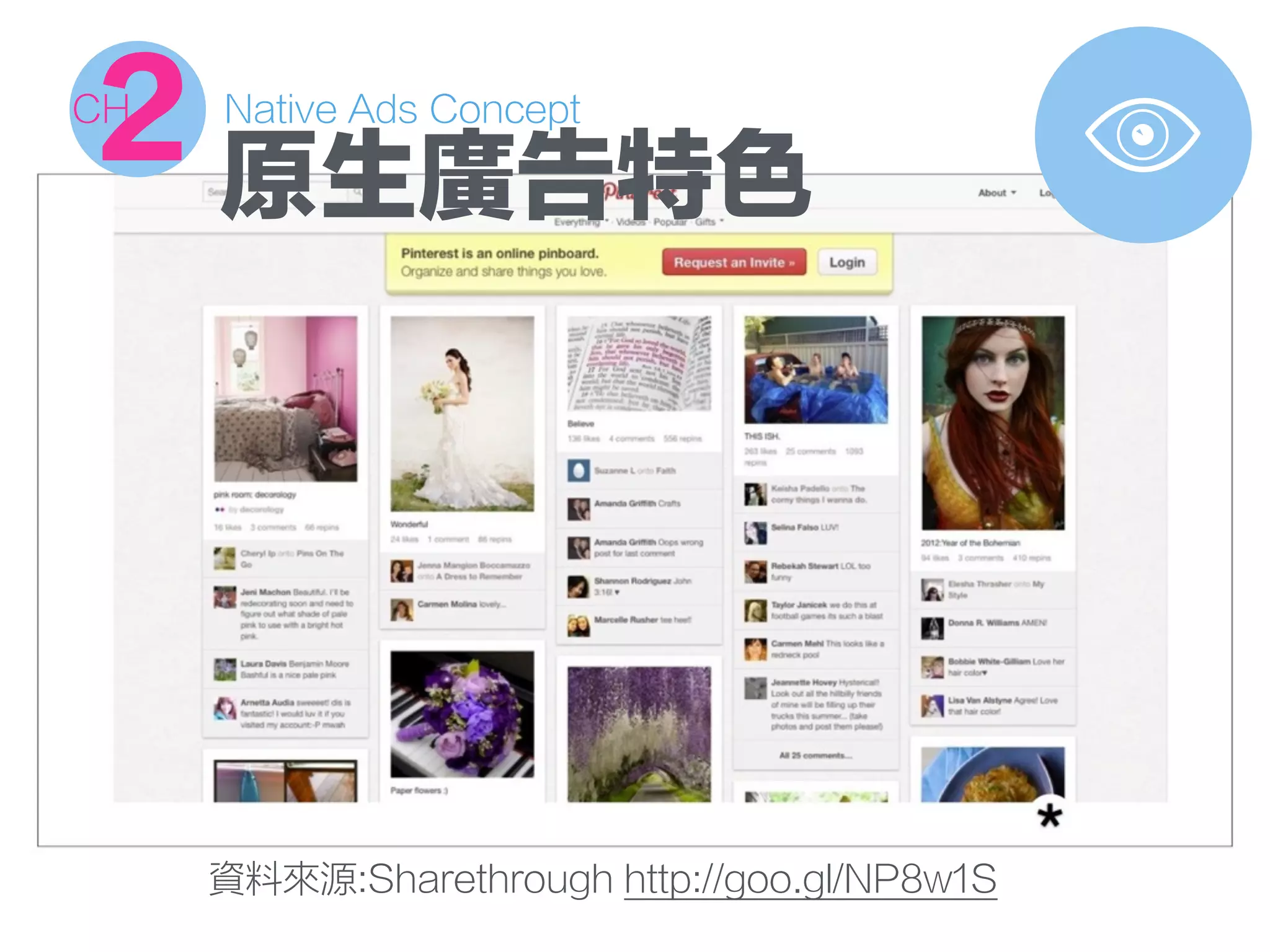 Native Ads Concept
2CH
原生廣告特色
資料來源:Sharethrough http://goo.gl/NP8w1S
 