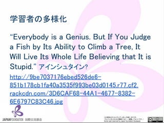 この資料はクリエイティブ・コモンズのCC_BYです。
（クレジットを入れれば無断でコピー、転載してもいいです。）
Some right reserved by Japan foundation Budapest.
学習者の多様化
“Everybody is a Genius. But If You Judge
a Fish by Its Ability to Climb a Tree, It
Will Live Its Whole Life Believing that It is
Stupid.” アインシュタイン?
http://9be7037176ebed526de6-
851b178cb1fa40a3535f993be03d0145.r77.cf2.
rackcdn.com/3D6CAF68-44A1-4677-8382-
6E6797C83C46.jpg
 