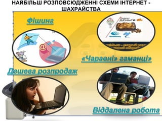НАЙБІЛЬШ РОЗПОВСЮДЖЕННІ СХЕМИ ІНТЕРНЕТ -
ШАХРАЙСТВА
 
