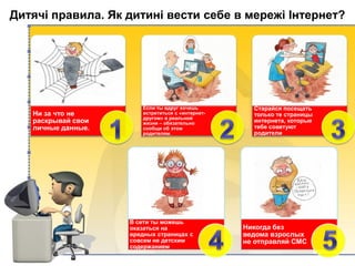 Дитячі правила. Як дитині вести себе в мережі Інтернет?
Ни за что не
раскрывай свои
личные данные.
Если ты вдруг хочешь
встретиться с «интернет-
другом» в реальной
жизни – обязательно
сообщи об этом
родителям.
Старайся посещать
только те страницы
интернета, которые
тебе советуют
родители
В сети ты можешь
оказаться на
вредных страницах с
совсем не детским
содержанием
Никогда без
ведома взрослых
не отправляй СМС
 