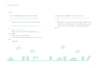 23
1.1 탐색 준비하기
TIP
1. 모든 조사방법론들을 수행하려고 애쓰지 마세요.
• 조사방법론들은 과제 특성에 맞게 선택되어 활용되어야
합니다.
• 각 정책탐험대 별로 조사해야 될 사항과 활용할 수 있는 일정
및
자원을 우선 확인합니다.
2. 사람들의 말과 실제행동이 서로 다를 수 있습니다.
• 사람들은 말하는(생각하는) 것과 실제로 행동하는 것이 항상 같지는
않습니다.
 