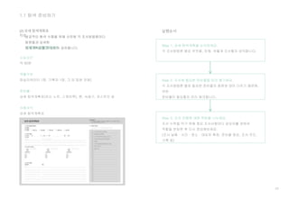 24
1.1 탐색 준비하기
(2) 상세 탐색계획표
작성
실행순서
Step 1. 상세 탐색계획을 논의하세요.
각 조사방법론 별로 무엇을, 언제, 어떻게 조사할지 상의합니다.
어떻게 실행할까요?
소요시간
약 60분
역할구성
퍼실리테이터 1명, 기록자 1명, 그 외 팀원 전체)
준비물
상세 탐색계획표(또는 노트, 스케치북), 펜, 녹음기, 포스트잇 등
사용서식
상세 탐색계획표
Step 2. 조사에 필요한 준비물을 미리 챙기세요.
각 조사방법론 별로 필요한 준비물의 종류와 양이 다르기 때문에,
어떤
준비물이 필요할지 미리 체크합니다.
Step 3. 조사 진행에 대한 책임을 나누세요.
조사 누락을 막기 위해 중요 조사사항마다 담당자를 정하여
역할을 분담한 후 다시 점검해보세요.
(조사 날짜 · 시간 · 장소 · 대상자 확정, 준비물 점검, 조사 주도,
기록 등)
 