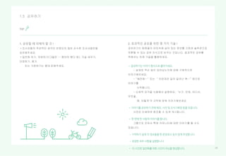 3232
1.5 공유하기
TIP
1. 공유할 때 피해야 할 것 ! 2. 효과적인 공유를 위한 몇 가지 기술 !
• 공유하기는 이야기 형식으로 풀어가세요.
• 이야기를 공유하기 전에 메모, 사진 및 조사기록장 등을 모읍니다.
• 한 번에 한 사람씩 이야기를 합니다.
• 기억하기 쉽게 각 정보들을 한 문장보다 길지 않게 작성합니다.
• 생생한 세부 사항을 설명합니다.
• 이 시간은 일반화를 위한 시간이 아님을 명심합니다.
 