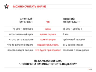 МОЖНО СЧИТАТЬ ИНАЧЕ
13/28
ШТАТНЫЙ
СУПЕРМЕН VS
ВНЕШНИЙ
КОНСУЛЬТАНТ
испытательный срок время оценки 1 час
что-то есть в резюме компетенция публичный человек
что-то делает в отделе подконтрольность он у вас на глазах
НЕ КАЖЕТСЯ ЛИ ВАМ,
ЧТО ОВЧИНА НАЧИНАЕТ СТОИТЬ ВЫДЕЛКИ?
просто пойдет дальше что будет при провале разделит с вами риски
75 000 – 100 000 р цена 15 000 – 20 000 р
 