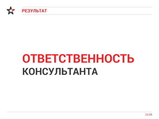 РЕЗУЛЬТАТ
23/25
ОТВЕТСТВЕННОСТЬ
КОНСУЛЬТАНТА
 