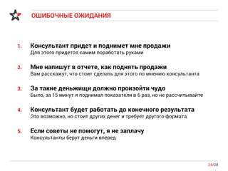 ОШИБОЧНЫЕ ОЖИДАНИЯ
24/28
1. Консультант придет и поднимет мне продажи
Для этого придется самим поработать руками
2. Мне напишут в отчете, как поднять продажи
Вам расскажут, что стоит сделать для этого по мнению консультанта
3. За такие деньжищи должно произойти чудо
Было, за 15 минут я поднимал показатели в 6 раз, но не рассчитывайте
4. Консультант будет работать до конечного результата
Это возможно, но стоит других денег и требует другого формата
5. Если советы не помогут, я не заплачу
Консультанты берут деньги вперед
 