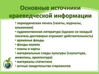 Основные источники
краеведческой информации
• периодическая печать (газеты, журналы,
альманахи)
• художественная литература (однако не каждый
писатель достоверно отражает действительность)
• архивные фонды
• фонды музеев
• планы и карты
• материальные следы культуры (скульптура,
живопись, архитектура)
• материалы статистики
• устные свидетельства старожилов
 