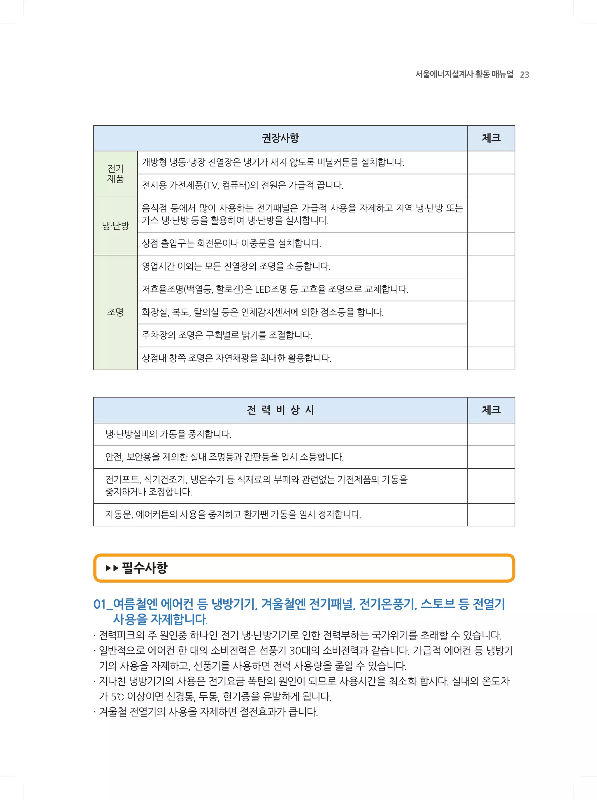 23서울에너지설계사 활동 매뉴얼
권장사항 체크
전기
제품
개방형 냉동·냉장 진열장은 냉기가 새지 않도록 비닐커튼을 설치합니다.
전시용 가전제품(TV, 컴퓨터)의 전원은 가급적 끕니다.
냉·난방
음식점 등에서 많이 사용하는 전기패널은 가급적 사용을 자제하고 지역 냉·난방 또는
가스 냉·난방 등을 활용하여 냉·난방을 실시합니다.
상점 출입구는 회전문이나 이중문을 설치합니다.
조명
영업시간 이외는 모든 진열장의 조명을 소등합니다.
저효율조명(백열등, 할로겐)은 LED조명 등 고효율 조명으로 교체합니다.
화장실, 복도, 탈의실 등은 인체감지센서에 의한 점소등을 합니다.
주차장의 조명은 구획별로 밝기를 조절합니다.
상점내 창쪽 조명은 자연채광을 최대한 활용합니다.
전 력 비 상 시 체크
냉·난방설비의 가동을 중지합니다.
안전, 보안용을 제외한 실내 조명등과 간판등을 일시 소등합니다.
전기포트, 식기건조기, 냉온수기 등 식재료의 부패와 관련없는 가전제품의 가동을
중지하거나 조정합니다.
자동문, 에어커튼의 사용을 중지하고 환기팬 가동을 일시 정지합니다.
▶▶ 필수사항
01_여름철엔 에어컨 등 냉방기기, 겨울철엔 전기패널, 전기온풍기, 스토브 등 전열기
사용을 자제합니다.
· 전력피크의 주 원인중 하나인 전기 냉·난방기기로 인한 전력부하는 국가위기를 초래할 수 있습니다.
· 일반적으로 에어컨 한 대의 소비전력은 선풍기 30대의 소비전력과 같습니다. 가급적 에어컨 등 냉방기
기의 사용을 자제하고, 선풍기를 사용하면 전력 사용량을 줄일 수 있습니다.
· 지나친 냉방기기의 사용은 전기요금 폭탄의 원인이 되므로 사용시간을 최소화 합시다. 실내의 온도차
가 5℃ 이상이면 신경통, 두통, 현기증을 유발하게 됩니다.
· 겨울철 전열기의 사용을 자제하면 절전효과가 큽니다.
 