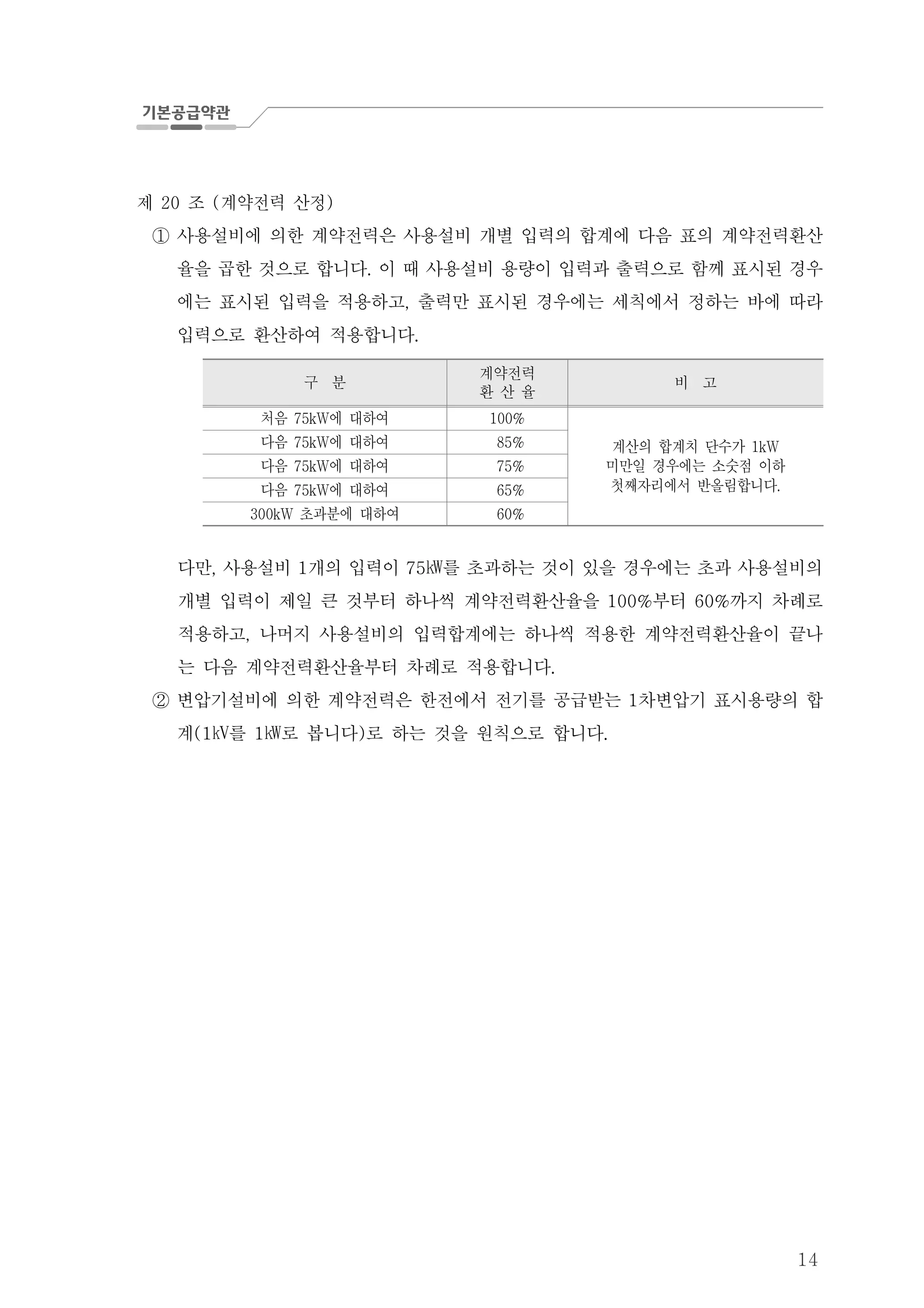 14
제 조 계약전력 산정20 ( )
사용설비에 의한 계약전력은 사용설비 개별 입력의 합계에 다음 표의 계약전력환산①
율을 곱한 것으로 합니다 이 때 사용설비 용량이 입력과 출력으로 함께 표시된 경우.
에는 표시된 입력을 적용하고 출력만 표시된 경우에는 세칙에서 정하는 바에 따라,
입력으로 환산하여 적용합니다.
구 분
계약전력
환 산 율
비 고
처음 에 대하여75kW 100%
계산의 합계치 단수가 1kW
미만일 경우에는 소숫점 이하
첫째자리에서 반올림합니다.
다음 에 대하여75kW 85%
다음 에 대하여75kW 75%
다음 에 대하여75kW 65%
초과분에 대하여300kW 60%
다만 사용설비 개의 입력이, 1 75㎾를 초과하는 것이 있을 경우에는 초과 사용설비의
개별 입력이 제일 큰 것부터 하나씩 계약전력환산율을 부터 까지 차례로100% 60%
적용하고 나머지 사용설비의 입력합계에는 하나씩 적용한 계약전력환산율이 끝나,
는 다음 계약전력환산율부터 차례로 적용합니다.
변압기설비에 의한 계약전력은 한전에서 전기를 공급받는 차변압기 표시용량의 합1②
계(1㎸를 1㎾로 봅니다 로 하는 것을 원칙으로 합니다) .
 
