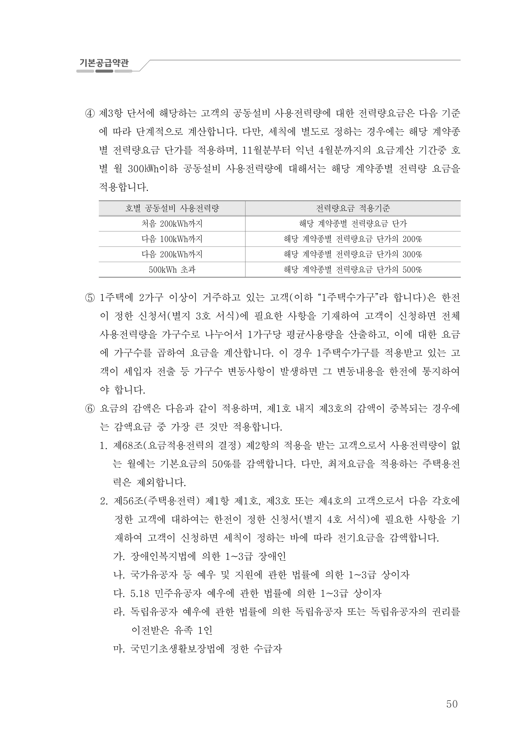 50
제 항 단서에 해당하는 고객의 공동설비 사용전력량에 대한 전력량요금은 다음 기준3④
에 따라 단계적으로 계산합니다 다만 세칙에 별도로 정하는 경우에는 해당 계약종. ,
별 전력량요금 단가를 적용하며 월분부터 익년 월분까지의 요금계산 기간중 호, 11 4
별 월 이하 공동설비 사용전력량에 대해서는 해당 계약종별 전력량 요금을300 h㎾
적용합니다.
호별 공동설비 사용전력량 전력량요금 적용기준
처음 까지200kWh 해당 계약종별 전력량요금 단가
다음 까지100kWh 해당 계약종별 전력량요금 단가의 200%
다음 까지200kWh 해당 계약종별 전력량요금 단가의 300%
초과500kWh 해당 계약종별 전력량요금 단가의 500%
⑤ 주택에 가구 이상이 거주하고 있는 고객 이하 주택수가구 라 합니다 은 한전1 2 ( “1 ” )
이 정한 신청서 별지 호 서식 에 필요한 사항을 기재하여 고객이 신청하면 전체( 3 )
사용전력량을 가구수로 나누어서 가구당 평균사용량을 산출하고 이에 대한 요금1 ,
에 가구수를 곱하여 요금을 계산합니다 이 경우 주택수가구를 적용받고 있는 고. 1
객이 세입자 전출 등 가구수 변동사항이 발생하면 그 변동내용을 한전에 통지하여
야 합니다.
⑥ 요금의 감액은 다음과 같이 적용하며 제 호 내지 제 호의 감액이 중복되는 경우에, 1 3
는 감액요금 중 가장 큰 것만 적용합니다.
1. 제 조 요금적용전력의 결정 제 항의 적용을 받는 고객으로서 사용전력량이 없68 ( ) 2
는 월에는 기본요금의 를 감액합니다 다만 최저요금을 적용하는 주택용전50% . ,
력은 제외합니다.
2. 제 조 주택용전력 제 항 제 호 제 호 또는 제 호의 고객으로서 다음 각호에56 ( ) 1 1 , 3 4
정한 고객에 대하여는 한전이 정한 신청서 별지 호 서식 에 필요한 사항을 기( 4 )
재하여 고객이 신청하면 세칙이 정하는 바에 따라 전기요금을 감액합니다.
가. 장애인복지법에 의한 급 장애인1~3
나. 국가유공자 등 예우 및 지원에 관한 법률에 의한 급 상이자1~3
다. 민주유공자 예우에 관한 법률에 의한 급 상이자5.18 1~3
라. 독립유공자 예우에 관한 법률에 의한 독립유공자 또는 독립유공자의 권리를
이전받은 유족 인1
마. 국민기초생활보장법에 정한 수급자
 