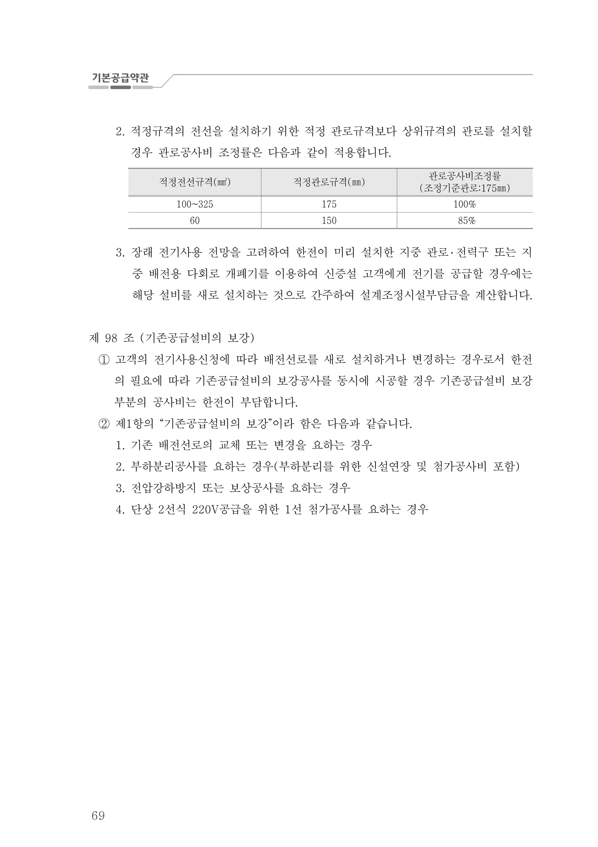 69
적정규격의 전선을 설치하기 위한 적정 관로규격보다 상위규격의 관로를 설치할2.
경우 관로공사비 조정률은 다음과 같이 적용합니다.
적정전선규격( )㎟ 적정관로규격( )㎜
관로공사비조정률
조정기준관로( :175 )㎜
100~325 175 100%
60 150 85%
3. 장래 전기사용 전망을 고려하여 한전이 미리 설치한 지중 관로 ․ 전력구 또는 지
중 배전용 다회로 개폐기를 이용하여 신증설 고객에게 전기를 공급할 경우에는
해당 설비를 새로 설치하는 것으로 간주하여 설계조정시설부담금을 계산합니다.
제 조 기존공급설비의 보강98 ( )
고객의 전기사용신청에 따라 배전선로를 새로 설치하거나 변경하는 경우로서 한전①
의 필요에 따라 기존공급설비의 보강공사를 동시에 시공할 경우 기존공급설비 보강
부분의 공사비는 한전이 부담합니다.
제 항의 기존공급설비의 보강 이라 함은 다음과 같습니다1 “ ” .②
기존 배전선로의 교체 또는 변경을 요하는 경우1.
부하분리공사를 요하는 경우 부하분리를 위한 신설연장 및 첨가공사비 포함2. ( )
전압강하방지 또는 보상공사를 요하는 경우3.
단상 선식 공급을 위한 선 첨가공사를 요하는 경우4. 2 220V 1
 