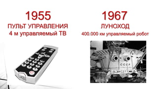 1967
ЛУНОХОД
400.000 км управляемый робот
1955
ПУЛЬТ УПРАВЛЕНИЯ
4 м управляемый ТВ
 