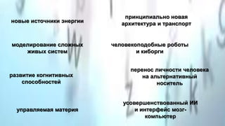 новые источники энергии
моделирование сложных
живых систем
развитие когнитивных
способностей
управляемая материя
принципиально новая
архитектура и транспорт
человекоподобные роботы
и киборги
перенос личности человека
на альтернативный
носитель
усовершенствованный ИИ
и интерфейс мозг-
компьютер
 