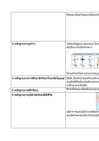 คือขณะเป็นตัวอ่อนจะมีช่องเหง
3.หลักฐานจากรูปร่าง -Homologous structure โครง
เช่นปีกนกกับปีกค้างคาว
-
โครงสร้างเกิดจากต่างบรรพบุร
4.หลักฐานจากการศึกษาชีววิทยาในระดับโมเลกุล DNA เป็นตัวกาหนดโครงสร้างข
ของสิ่งมีชีวิตปัจจุบันมีการตรวจ
จะศึกษาจากโปรตีน
5.หลักฐานทางสรีรวิทยา ศึกษาลักษณะเนื้อเยื่อและของเห
6.หลักฐานทางภูมิศาสตร์ของสิ่งมีชีวิต
ภูมิอากาศและภูมิประเทศเป็นตัว
และสัตว์แตกต่างกันไปโดยอยู่ก
 