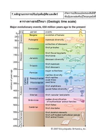 7.หลักฐานจากการปรับปรุงพันธุ์พืช และสัตว์ เกิดการเปลี่ยนแปลงของสิ่งมีชีว
พันธุ์และผสมพันธุ์โดยมนุษย์เพื่อ
ตารางทางธรณีวิทยา (Geologic time scale)
 