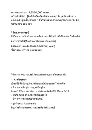ขนาดของสมอง : 1,350-1,500 ลบ.ซม.
เครื่องมือที่ใช้ : รู้จักใช้เครื่องมือ ทาด้วยกระดูก ในยุคปลายหินเก่า
และประดิษฐ์เครื่องมือต่าง ๆ ขึ้นในยุคหินกลางและยุคหินใหม่ เช่น มีด
ขวาน ค้อน จอบ ฯลฯ
วิวัฒนาการมนุษย์
มีวิวัฒนาการเริ่มต้นจากซากดึกดาบรรพ์ที่อยู่ในสปีชีส์ออสตาโลพิเทคัส
อาฟฟาเรนซีส(Australopithecus afarensis)
มีวิวัฒนาการต่อไปเป็นสายจีนีสโฮโม(Homo)
ซึ่งมีวิวัฒนาการต่อไปเป็นมนุษย์
วิวัฒนาการของมนุษย์ Australopithecus afarensis คือ
1. A.afarensis
เป็นสปีชีส์ที่มีอายุเก่าแก่ที่สุดของจีนัสออสตราโลพิเทคัส
- ฟัน ขนาดใหญ่กว่ามนุษย์ปัจจุบัน
กินผลไม้เป็นอาหารสามารถกัดกินเมล็ดพืชที่มีเปลือกแข็งได้
- ขนาดสมอง ใกล้เคียงกับลิงอุรังอุรัง
- โครงกระดูกที่ค่อนข้างสมบูรณ์
- รูปร่างของ A afarensis
มีรูปร่างกึ่งกลางระหว่างมนุษย์กับลิงซิมแพนซี
 