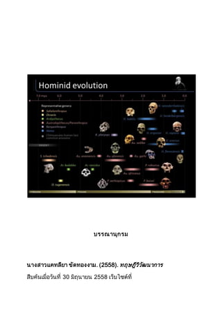 บรรณานุกรม
นางสาวแคทลียา ขัดทองงาม. (2558). ทฤษฎีวิวัฒนาการ
สืบค้นเมื่อวันที่ 30 มิถุนายน 2558 เว็บไซต์ที่
 