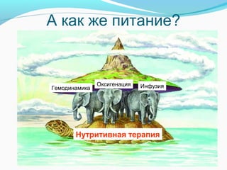А как же питание?
Гемодинамика
Оксигенация Инфузия
Нутритивная терапия
 