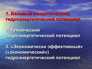 1. Валовый (теоретический)1. Валовый (теоретический)
гидроэнергетический потенциалгидроэнергетический потенциал
2. Технический2. Технический
гидроэнергетический потенциалгидроэнергетический потенциал
3. «Экономически эффективный»3. «Экономически эффективный»
(«экономический»)(«экономический»)
гидроэнергетический потенциалгидроэнергетический потенциал
 