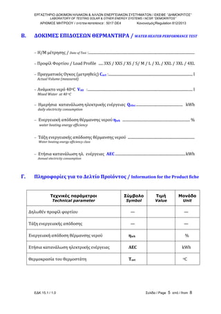 ΕΡΓΑΣΤΗΡΙΟ ΔΟΚΙΜΩΝ ΗΛΙΑΚΩΝ & ΑΛΛΩΝ ΕΝΕΡΓΕΙΑΚΩΝ ΣΥΣΤΗΜΑΤΩΝ / ΕΚΕΦΕ ‘’ΔΗΜΟΚΡΙΤΟΣ’’
LABORATORY OF TESTING SOLAR & OTHER ENERGY SYSTEMS / NCSR ‘’DEMOKRITOS’’
ΑΡΙΘΜΟΣ ΜΗΤΡΩΟΥ / SYSTEM REFERENCE : 5017 DE4 Κανονισμός/Regulation 812/2013
ΕΔΚ 15.1 / 1.0 Σελίδα / Page 5 από / from 8
 
B.  ΔΟΚΙΜΕΣ ΕΠΙΔΟΣΕΩΝ ΘΕΡΜΑΝΤΗΡΑ / WATER HEATER PERFORMANCE TEST 
 
− Η/Μ μέτρησης / Date of Test :....................................................................................................................  
− Προφίλ Φορτίου / Load Profile  .....3XS / XXS / XS / S/ M / L / XL / XXL / 3XL / 4XL 
− Πραγματικός Ογκος (μετρηθείς) Cact :............................................................................................ l 
    Actual Volume (measured)    
− Ανάμικτο νερό 40oC  V40   :................................................................................................................... l   
Mixed Water  at 40 oC    
−  Ημερήσια  κατανάλωση ηλεκτρικής ενέργειας  Qelec...................................................   kWh  
     daily electricity consumption 
− Ενεργειακή απόδοση θέρμανσης νερού ηwh  .......................................................................... % 
      water heating energy efficiency 
−  Tάξη ενεργειακής απόδοσης θέρμανσης νερού  ......................................................................... 
      Water heating energy efficiency class 
 
−  Ετήσια κατανάλωση ηλ.  ενέργειας  AEC .............................................................................kWh 
     Annual electricity consumption 
 
 
Γ.  Πληροφορίες για το Δελτίο Προϊόντος / Information for the Product fiche 
 
 
Τεχνικές παράμετροι
Technical parameter
Σύμβολο
Symbol
Τιμή
Value
Μονάδα
Unit
Δηλωθέν προφίλ φορτίου          —           — 
Tάξη ενεργειακής απόδοσης          —           — 
Eνεργειακή απόδοση θέρμανσης νερού        ηwh            % 
Ετήσια κατανάλωση ηλεκτρικής ενέργειας        AEC         kWh 
Θερμοκρασία του θερμοστάτη        Tset             oC 
 
 
 
 
 