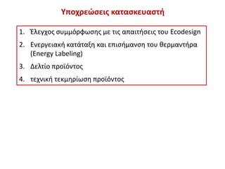 Υποχρεώσεις κατασκευαστή
1. Έλεγχος συμμόρφωσης με τις απαιτήσεις του Ecodesign
2. Ενεργειακή κατάταξη και επισήμανση του θερμαντήρα
(Energy Labeling)
3. Δελτίο προϊόντος
4. τεχνική τεκμηρίωση προϊόντος
 