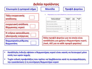 Δελτίο προϊόντος
Επωνυμία ή εμπορικό σήμα Μοντέλο Προφίλ φορτίου
Τάξη ενεργειακής
απόδοσης
ενεργειακή απόδοση
θέρμανσης νερού
H ετήσια κατανάλωση
ηλεκτρικής ενέργειας
Θερμοκρασία ρύθμισης
θερμοστάτη
 Κατάλληλη ένδειξη εφόσον ο θερμαντήρας νερού είναι ικανός να λειτουργεί μόνο
εκτός των ωρών αιχμής
 Τυχόν ειδικές προφυλάξεις που πρέπει να λαμβάνονται κατά τη συναρμολόγηση,
την εγκατάσταση ή τη συντήρηση θερμαντήρα νερού
Άλλα προφίλ φορτίου για τα οποία είναι
κατάλληλος για χρήση ο θερμαντήρας νερού,
(nwh, AEC για το κάθε προφίλ φορτίου)
 