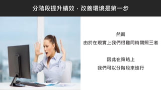 然而
由於在現實上我們很難同時關照三者
因此在策略上
我們可以分階段來進行
分階段提升績效，改善環境是第一步
 