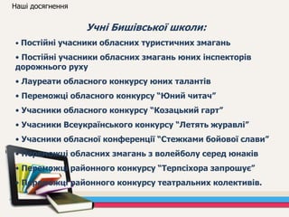 Учні Бишівської школи:
• Постійні учасники обласних туристичних змагань
• Постійні учасники обласних змагань юних інспекторів
дорожнього руху
• Лауреати обласного конкурсу юних талантів
• Переможці обласного конкурсу “Юний читач”
• Учасники обласного конкурсу “Козацький гарт”
• Учасники Всеукраїнського конкурсу “Летять журавлі”
• Учасники обласної конференції “Стежками бойової слави”
• Переможці обласних змагань з волейболу серед юнаків
• Переможці районного конкурсу “Терпсіхора запрошує”
• Переможці районного конкурсу театральних колективів.
Наші досягнення
 