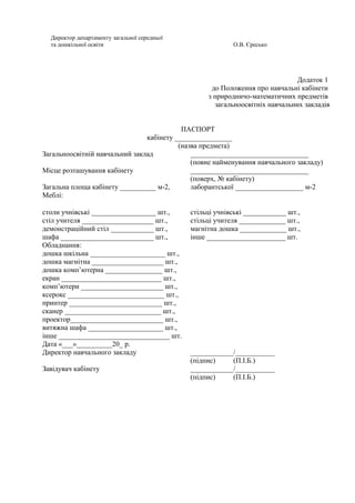 Директор департаменту загальної середньої
та дошкільної освіти О.В. Єресько
Додаток 1
до Положення про навчальні кабінети
з природничо-математичних предметів
загальноосвітніх навчальних закладів
ПАСПОРТ
кабінету ________________
(назва предмета)
Загальноосвітній навчальний заклад _________________________________
(повне найменування навчального закладу)
Місце розташування кабінету _________________________________
(поверх, № кабінету)
Загальна площа кабінету __________ м-2, лаборантської ___________________ м-2
Меблі:
столи учнівські __________________ шт., стільці учнівські ____________ шт.,
стіл учителя ____________________ шт., стільці учителя _____________ шт.,
демонстраційний стіл ____________ шт., магнітна дошка _____________ шт.,
шафа __________________________ шт., інше ______________________ шт.
Обладнання:
дошка шкільна _____________________ шт.,
дошка магнітна ____________________ шт.,
дошка комп’ютерна ________________ шт.,
екран ____________________________ шт.,
комп’ютери _______________________ шт.,
ксерокс ___________________________ шт.,
принтер __________________________ шт.,
сканер ___________________________ шт.,
проектор__________________________ шт.,
витяжна шафа _____________________ шт.,
інше _______________________________ шт.
Дата «___»__________20_ р.
Директор навчального закладу ____________/___________
(підпис) (П.І.Б.)
Завідувач кабінету ____________/___________
(підпис) (П.І.Б.)
 
