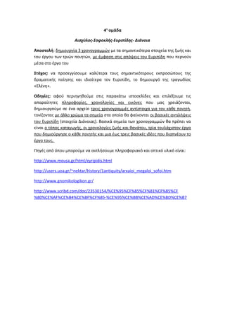 4η
ομάδα
Αισχύλος-Σοφοκλής-Ευριπίδης- Διάνοια
Αποστολή: δημιουργία 3 χρονογραμμών με τα σημαντικότερα στοιχεία της ζωής και
του έργου των τριών ποιητών, με έμφαση στις απόψεις του Ευριπίδη που περνούν
μέσα στο έργο του
Στόχος: να προσεγγίσουμε καλύτερα τους σημαντικότερους εκπροσώπους της
δραματικής ποίησης και ιδιαίτερα τον Ευριπίδη, το δημιουργό της τραγωδίας
«Ελένη».
Οδηγίες: αφού περιηγηθούμε στις παρακάτω ιστοσελίδες και επιλέξουμε τις
απαραίτητες πληροφορίες, χρονολογίες και εικόνες που μας χρειάζονται,
δημιουργούμε σε ένα αρχείο τρεις χρονογραμμές αντίστοιχα για τον κάθε ποιητή,
τονίζοντας με άλλο χρώμα τα σημεία στα οποία θα φαίνονται οι βασικές αντιλήψεις
του Ευριπίδη (στοιχεία Διάνοιας). Βασικά σημεία των χρονογραμμών θα πρέπει να
είναι ο τόπος καταγωγής, οι χρονολογίες ζωής και θανάτου, τρία τουλάχιστον έργα
που δημιούργησε ο κάθε ποιητής και μια έως τρεις βασικές ιδέες που διαπνέουν το
έργο τους.
Πηγές από όπου μπορούμε να αντλήσουμε πληροφοριακό και οπτικό υλικό είναι:
http://www.mousa.gr/html/eyripidis.html
http://users.uoa.gr/~nektar/history/1antiquity/arxaioi_megaloi_sofoi.htm
http://www.gnomikologikon.gr/
http://www.scribd.com/doc/23530154/%CE%95%CF%85%CF%81%CF%85%CF
%80%CE%AF%CE%B4%CE%BF%CF%85-%CE%95%CE%BB%CE%AD%CE%BD%CE%B7
 
