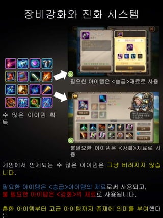 장비강화와 진화 시스템
게임에서 얻게되는 수 많은 아이템은 그냥 버려지지 않습
니다.
필요한 아이템은 <승급>아이템의 재료로써 사용되고,
불 필요한 아이템은 <강화>의 재료로 사용됩니다.
흔한 아이템부터 고급 아이템까지 존재에 의미를 부여했다
수 많은 아이템 획
득
필요한 아이템은 <승급>재료로 사용
불필요한 아이템은 <강화>재료로 사
용
 