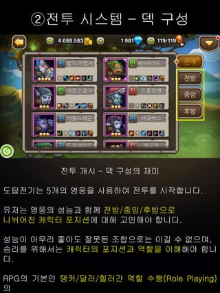 ②전투 시스템 – 덱 구성
전투 개시 – 덱 구성의 재미
도탑전기는 5개의 영웅을 사용하여 전투를 시작합니다.
유저는 영웅의 성능과 함께 전방/중앙/후방으로
나뉘어진 캐릭터 포지션에 대해 고민해야 합니다.
성능이 아무리 좋아도 잘못된 조합으로는 이길 수 없으며,
승리를 위해서는 캐릭터의 포지션과 역할을 이해해야 합니
다.
RPG의 기본인 탱커/딜러/힐러간 역할 수행(Role Playing)
의
 
