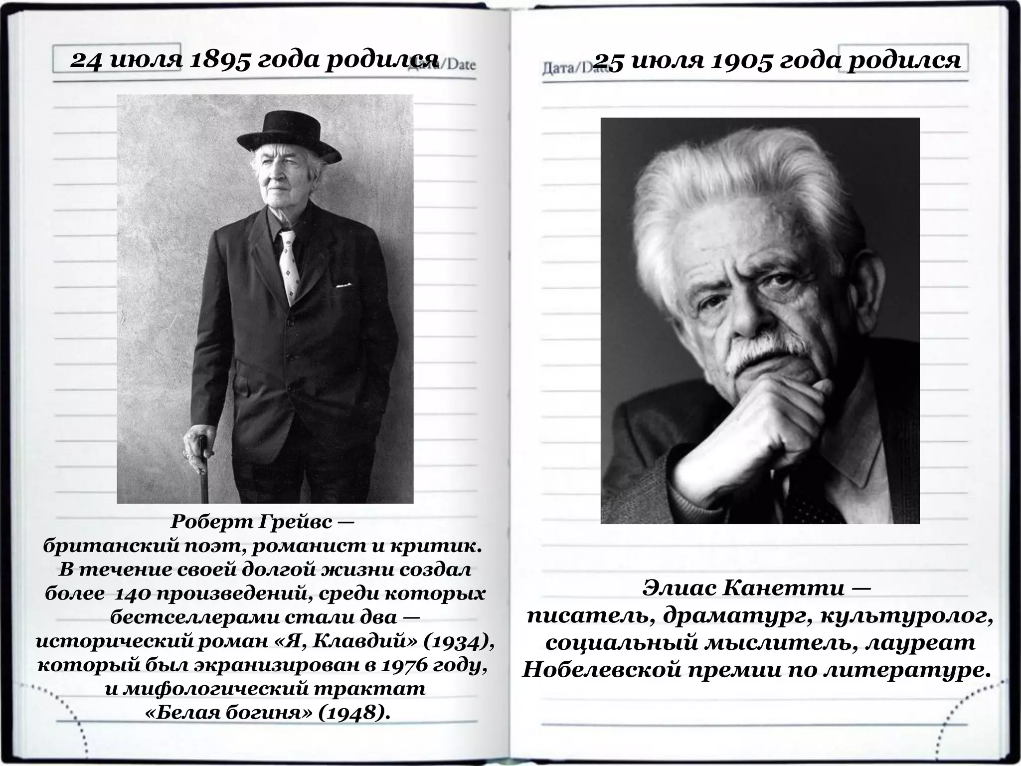 24 июля 1895 года родился
Роберт Грейвс —
британский поэт, романист и критик.
В течение своей долгой жизни создал
более 140 произведений, среди которых
бестселлерами стали два —
исторический роман «Я, Клавдий» (1934),
который был экранизирован в 1976 году,
и мифологический трактат
«Белая богиня» (1948).
25 июля 1905 года родился
Элиас Канетти —
писатель, драматург, культуролог,
социальный мыслитель, лауреат
Нобелевской премии по литературе.
 