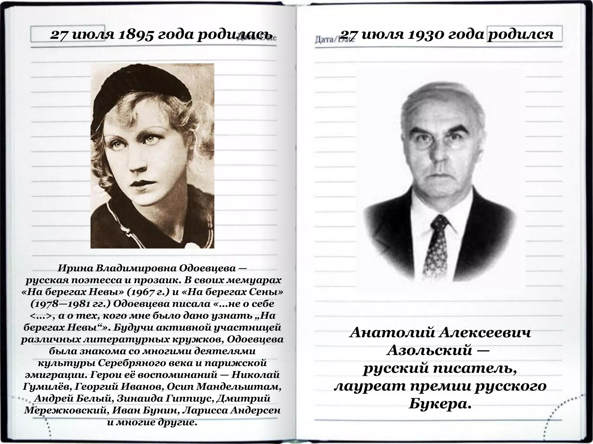 27 июля 1895 года родилась
Ирина Владимировна Одоевцева —
русская поэтесса и прозаик. В своих мемуарах
«На берегах Невы» (1967 г.) и «На берегах Сены»
(1978—1981 гг.) Одоевцева писала «…не о себе
<…>, а о тех, кого мне было дано узнать „На
берегах Невы“». Будучи активной участницей
различных литературных кружков, Одоевцева
была знакома со многими деятелями
культуры Серебряного века и парижской
эмиграции. Герои её воспоминаний — Николай
Гумилёв, Георгий Иванов, Осип Мандельштам,
Андрей Белый, Зинаида Гиппиус, Дмитрий
Мережковский, Иван Бунин, Ларисса Андерсен
и многие другие.
27 июля 1930 года родился
Анатолий Алексеевич
Азольский —
русский писатель,
лауреат премии русского
Букера.
 
