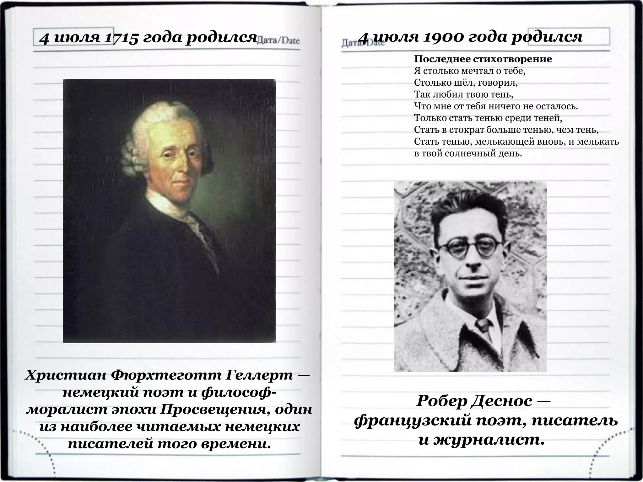 Христиан Фюрхтеготт Геллерт —
немецкий поэт и философ-
моралист эпохи Просвещения, один
из наиболее читаемых немецких
писателей того времени.
4 июля 1715 года родился
Робер Деснос —
французский поэт, писатель
и журналист.
4 июля 1900 года родился
Последнее стихотворение
Я столько мечтал о тебе,
Столько шёл, говорил,
Так любил твою тень,
Что мне от тебя ничего не осталось.
Только стать тенью среди теней,
Стать в стократ больше тенью, чем тень,
Стать тенью, мелькающей вновь, и мелькать
в твой солнечный день.
 