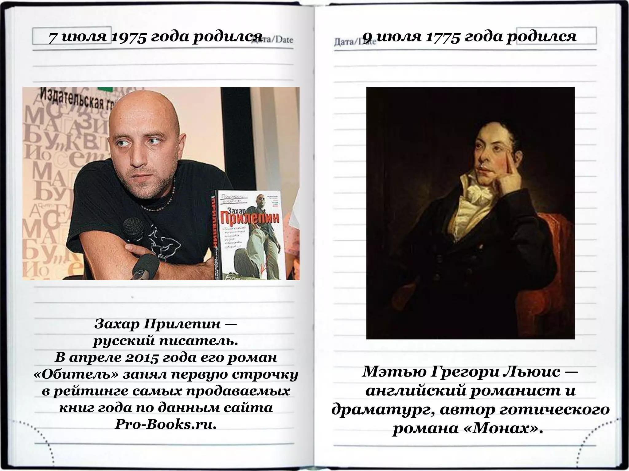 Захар Прилепин —
русский писатель.
В апреле 2015 года его роман
«Обитель» занял первую строчку
в рейтинге самых продаваемых
книг года по данным сайта
Pro-Books.ru.
7 июля 1975 года родился
Мэтью Грегори Льюис —
английский романист и
драматург, автор готического
романа «Монах».
9 июля 1775 года родился
 