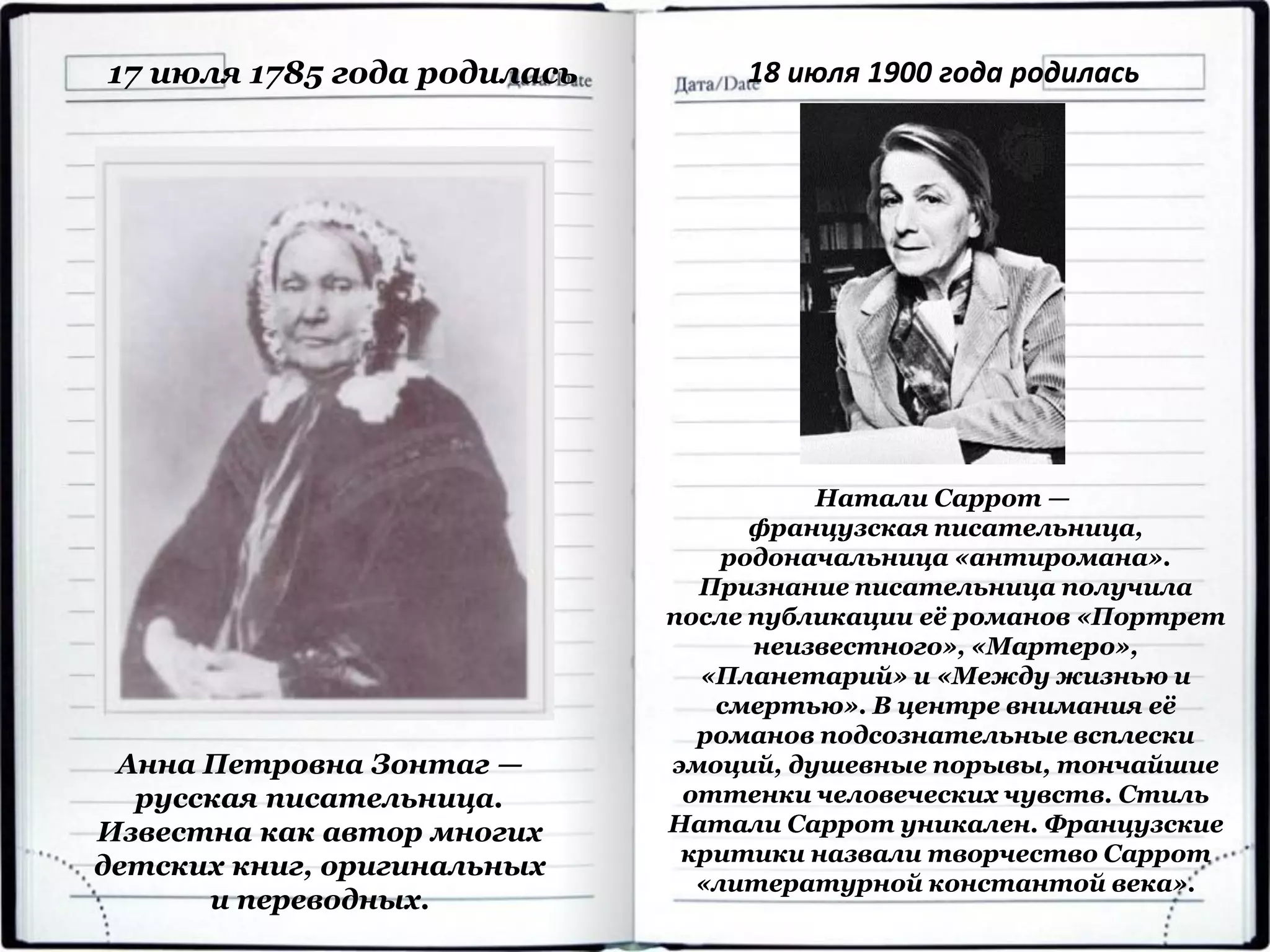 Анна Петровна Зонтаг —
русская писательница.
Известна как автор многих
детских книг, оригинальных
и переводных.
17 июля 1785 года родилась 18 июля 1900 года родилась
Натали Саррот —
французская писательница,
родоначальница «антиромана».
Признание писательница получила
после публикации её романов «Портрет
неизвестного», «Мартеро»,
«Планетарий» и «Между жизнью и
смертью». В центре внимания её
романов подсознательные всплески
эмоций, душевные порывы, тончайшие
оттенки человеческих чувств. Стиль
Натали Саррот уникален. Французские
критики назвали творчество Саррот
«литературной константой века».
 