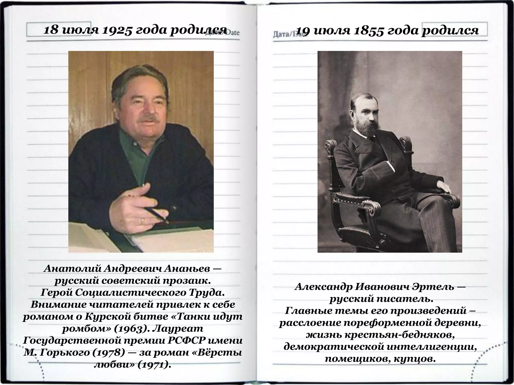 18 июля 1925 года родился
Анатолий Андреевич Ананьев —
русский советский прозаик.
Герой Социалистического Труда.
Внимание читателей привлек к себе
романом о Курской битве «Танки идут
ромбом» (1963). Лауреат
Государственной премии РСФСР имени
М. Горького (1978) — за роман «Вёрсты
любви» (1971).
19 июля 1855 года родился
Александр Иванович Эртель —
русский писатель.
Главные темы его произведений –
расслоение пореформенной деревни,
жизнь крестьян-бедняков,
демократической интеллигенции,
помещиков, купцов.
 