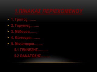1.ΠΙΝΑΚΑΣ ΠΕΡΙΕΧΟΜΕΝΟΥ
• 1. Γρύπας……..
• 2. Γοργόνες……..
• 3. Μέδουσα…….
• 4. Κένταυροι……..
• 5. Μινώταυροι……..
5.1 ΓΕΝΝΕΣΗΣ………
5.2 ΘΑΝΑΤΩΣΗΣ……..
 