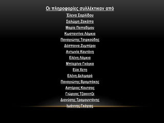 Οι πληροφορίες συλλέκτικαν από
Έλενα Σαρλίδου
Σαλώμη Ζακάπα
Μαρία Παπαδίμου
Κωσταντίνα Λάμκια
Παναγιώτης Τσιρκούδης
Δέσποινα Ζυμπέροι
Αντωνία Καυτάνη
Ελένη Λάμκια
Μπλερίνα Γκόγκα
Εύα Χετη
Ελένη Δελιμαρά
Παναγιώτης Βραμπάκης
Αστέριος Κουτσος
Γιώργος Τζακνιτζε
Διονύσης Τραμουντάνης
Ιωάννης Γκόγιας
 