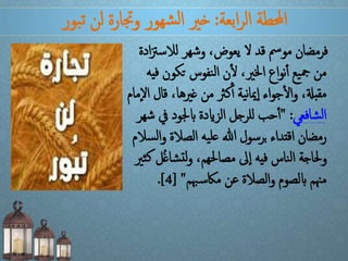 ‫ابعة‬‫ر‬‫ال‬ ‫احملطة‬:‫بور‬‫ت‬ ‫لن‬ ‫وجتارة‬ ‫شهور‬‫ل‬‫ا‬ ‫خري‬
‫لالست‬ ‫وشهر‬ ،‫يعوض‬ ‫ال‬ ‫قد‬ ‫مومس‬ ‫فرمضان‬‫ادة‬
‫ف‬ ‫تكون‬ ‫نفوس‬‫ل‬‫ا‬ ‫ن‬‫أ‬‫ل‬ ،‫اخلري‬ ‫اع‬‫و‬‫ن‬‫أ‬‫أ‬ ‫يع‬‫مج‬ ‫من‬‫يه‬
‫ق‬ ،‫غريها‬ ‫من‬ ‫كرث‬‫أ‬‫أ‬ ‫ية‬‫ن‬‫ا‬‫مي‬‫ا‬ ‫اء‬‫و‬‫ج‬‫أ‬‫ل‬‫ا‬‫و‬ ،‫مقبةل‬‫مام‬‫اال‬ ‫ال‬
‫شافعي‬‫ل‬‫ا‬" :‫يف‬ ‫ابجلود‬ ‫الزايدة‬ ‫للرجل‬ ‫حب‬‫أ‬‫أ‬‫شهر‬
‫و‬ ‫الصالة‬ ‫يه‬‫عل‬ ‫هللا‬ ‫برسول‬ ‫اقتداء‬ ‫رمضان‬‫سالم‬‫ل‬‫ا‬
‫شا‬‫لت‬‫و‬ ،‫مصاحلهم‬ ‫ىل‬‫ا‬ ‫فيه‬ ‫ناس‬‫ل‬‫ا‬ ‫وحلاجة‬‫ثري‬‫ك‬ ‫ل‬ُ‫غ‬
‫هبم‬‫ماكس‬ ‫عن‬ ‫الصالة‬‫و‬ ‫ابلصوم‬ ‫منم‬[ "4.]
 