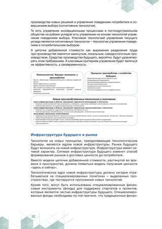 12
производства новых решений и управления поведением потребителя и со-
вершением выбора (когнитивные технологии).
То есть управление инновационными процессами в постиндустриальном
обществе на рубеже укладов есть управление на основе технологий управ-
ления поведением выбора. Ключевой технологией управления текущего
уклада являются когнитивные технологии – технологии управления поведе-
нием и потребительским выбором.
А цепочка добавленной стоимости как выражение разделения труда
при производстве сменится замкнутым, локальным, самодостаточным про-
изводством. Средства производства будущего, вероятно, будут удовлетво-
рять этим требованиям. А ключевым критерием управления будет являться
не эффективность, а своевременность.
Инфраструктура будущего и рынки
Технологии на новых принципах, преодолевающие технологические
барьеры, являются ядром новой инфраструктуры. Рынки будущего
будут возникать на новой инфраструктуре. Инфраструктура имеет се-
тевой характер. Сетевая инфраструктура будущего изменит способ
формирования рынков и доставки ценности до потребителя.
Вместо модели цепочки добавленной стоимости, растянутой во вре-
мени и пространстве, должна появиться модель получения ценности
«здесь и сейчас».
Технологическое ядро новой инфраструктуры должно сегодня отра-
батываться на специализированных полигонах – выделенных про-
странствах, где тестируются приложения новых технологий.
Кроме того, могут быть использованы специализированные финан-
совые инструменты (фонды) для поддержки стартапов и проектов,
которые являются частью инфраструктуры будущего. Специализиро-
ванные фонды необходимы по той причине, что традиционные финан-
Технологические барьеры экономики и
производства
•Кризис глобализации в пространстве (рынки) и времени (кредитный
кризис)
•Кризисэффективности капитала
•Кризисмассовогопроизводства
•Рост нагрузки на природу и рост экологическихтребований
•Освоение труднодоступных территорий, включая северные
территории
•Энергетический кризис
Принципы производства и хозяйства
будущего
•Производствоединичногоизделия за цикл
•Индивидуальноепроизводство
•Быстрая разворачиваемость и сворачиваемость
•Экологическая безопасность
•Самодостаточность и локальность
•Замкнутость цикла
•Принципсвоевременности, а неэффективности
Новые производственные технологии и экономика
Смена инфраструктуры в области, занимаемой современной металлургией, в частности:
• Переход к новым материалам («умные материалы», материалы с заданными свойствами, наноматериалы, нанонити,нанокерамика);
• Развитиемеханохимии, как одной изверсий развития нанотехнологий.
Смена инфраструктуры в области, занимаемой современным машиностроением, в частности:
• Переход к так называемым «аддитивным технологиям»(3D-принтинг и т.д.);
• Развитиепромышленной робототехники, то есть систем производства с искусственным интеллектом.
Новые формы организации хозяйствования
• Производствошаговой доступности (локальная генерация электроэнергии и тепла, локальноепроизводство, 3D-принтинг, «Интернет вещей»);
• «Облачноепроизводство» (как альтернативный подход );
• Развитиевертикальныхкластеров, то есть, сложных взаимообусловленныхорганизованностей на территориях;
• Изменениефинансовой системы, широкоеиспользованиеновыхфинансовыхтехнологий, такихкак «биржа технологическихукладов»,
«длинныеденьги».
 