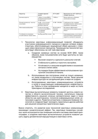 30
1.	 Технологии квантовых инфокоммуникаций позволят объединить
участников информационного процесса в единую сетевую инфра-
структуру, обеспечивающую защищённый обмен данными с помо-
щью новых физических принципов. Преимущества технологий про-
екта будут обеспечены за счёт трёх факторов:
a.	 Создание наземных систем на основе SCW QKD, таким
образом, всем пользователям сети будут доступны их пре-
имущества:
•	 Высокая скорость и дальность рассылки ключей.
•	 Стабильность работы и простота настройки.
•	 Устойчивость к внешним воздействиям и искажению
сигнала в линии связи.
•	 На порядок более эффективное использование про-
пускной способности канала.
b.	 Использование при построении сетей не только наземных,
но также воздушных и спутниковых систем. Такая цельная
инфраструктура на сегодняшний день в мире не создана.
c.	 Интегрирование квантовых коммуникационных устройств
и сетей в существующую информационную инфраструкту-
ру. Работы в этом направлении находятся в мире на этапе
прикладных исследований.
2.	 Квантовые вычислительные элементы позволят достичь нового ка-
чества в области вычислительной техники, значительно повысив
эффективность решения сложных математических задач в таких
областях как криптоанализ, топология информационных сетей, ас-
трономия и других. Развитие алгоритмов и совершенствование тех-
нологий их создания будет проходить параллельно другим работам
для решения конкретных практических задач.
Важно отметить, что развитие всех технологий квантовых коммуникаций
производит синергетический эффект. Так, квантовые генераторы случай-
ных чисел используются при генерации ключей в системах квантовой крип-
тографии, а создание квантовых вычислительных устройств позволит ре-
шать задачу динамической маршрутизации в квантовых сетях.
 