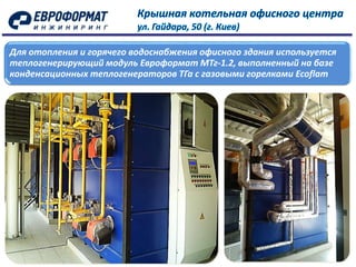 Для отопления и горячего водоснабжения офисного здания используется
теплогенерирующий модуль Евроформат МТг-1.2, выполненный на базе
конденсационных теплогенераторов ТГа с газовыми горелками Ecoflam
 