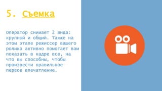 5. Съемка
Оператор снимает 2 вида:
крупный и общий. Также на
этом этапе режиссер вашего
ролика активно помогает вам
показать в кадре все, на
что вы способны, чтобы
произвести правильное
первое впечатление.
 