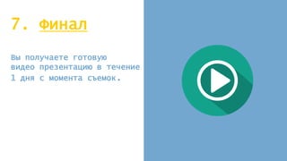 7. Финал
Вы получаете готовую
видео презентацию в течение
1 дня с момента съемок.
 