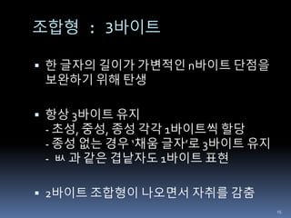 조합형 : 3바이트
 한 글자의 길이가 가변적인 n바이트 단점을
보완하기 위해 탄생
 항상 3바이트 유지
- 초성, 중성, 종성 각각 1바이트씩 할당
- 종성 없는 경우 ‘채움 글자’로 3바이트 유지
- ㅄ 과 같은 겹낱자도 1바이트 표현
 2바이트 조합형이 나오면서 자취를 감춤
15
 